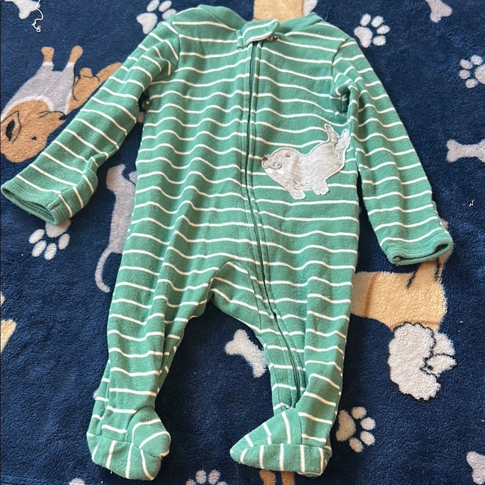 Carter's Green and White Striped Footie Pajama with Cozy Enclosed Feet